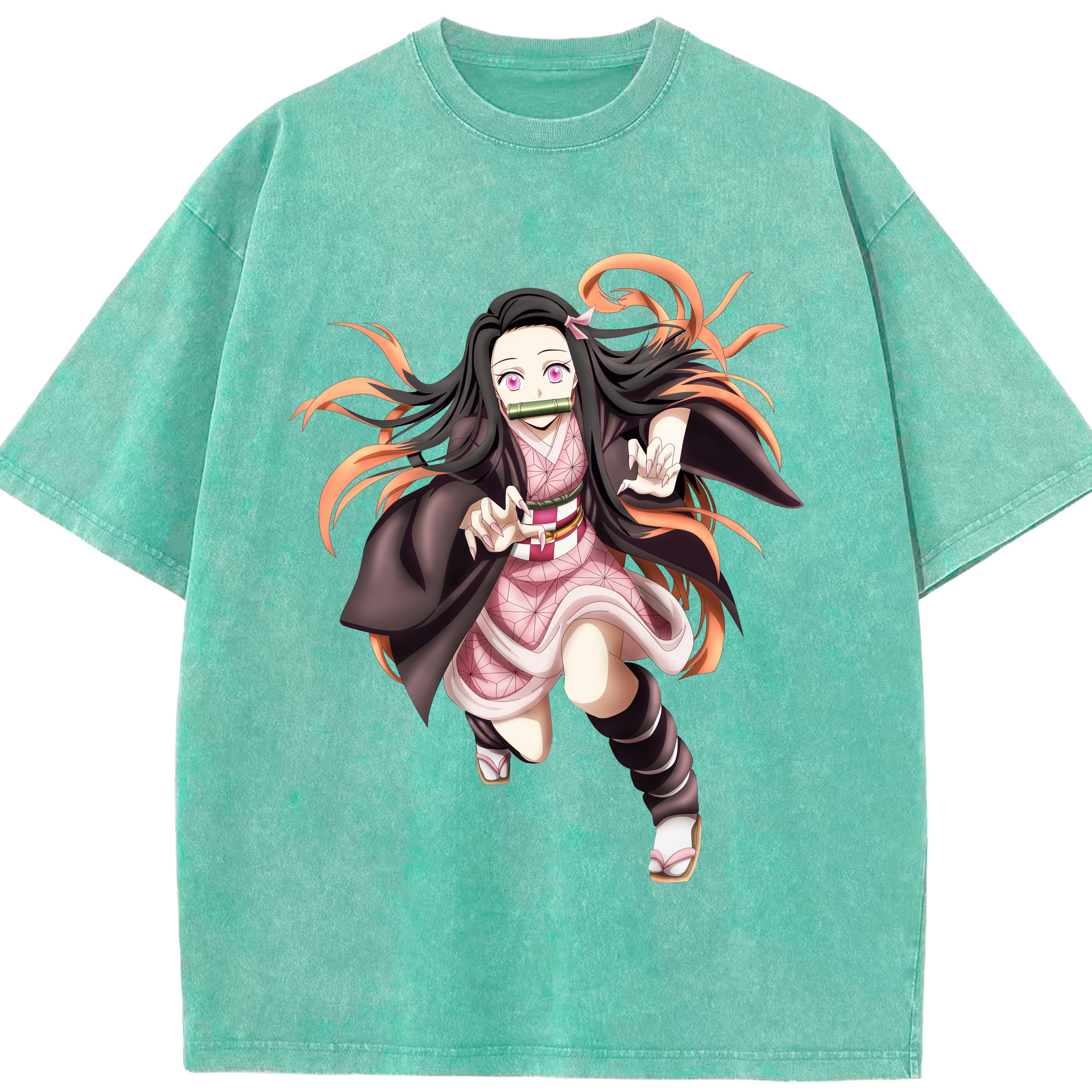 （画像用） 鬼滅の刃（きめつのやいば）竈門 禰󠄀豆子／かまど ねずこ Kamado Nezuko 綿100% ヴィンテージ風 半袖Tシャツ（フロントプリント）
